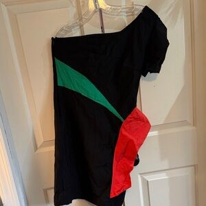Stylish Black Dress with Red and Green Accents
